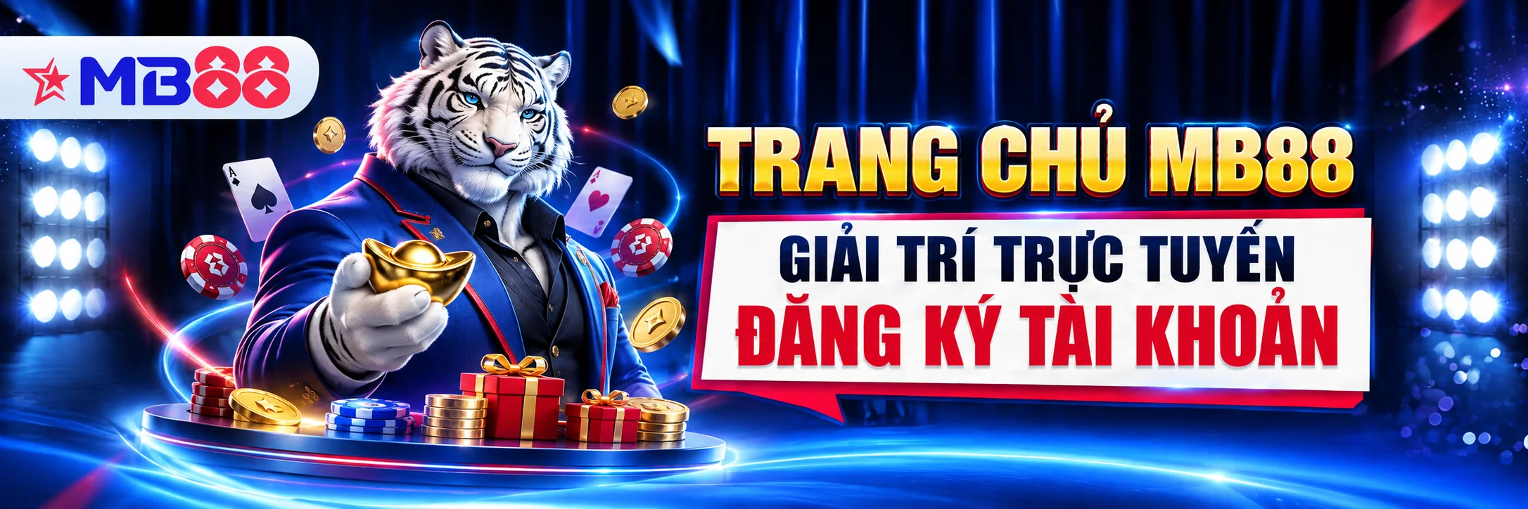 Banner trang chủ MB88 với hổ trắng và logo trên nền xanh dương